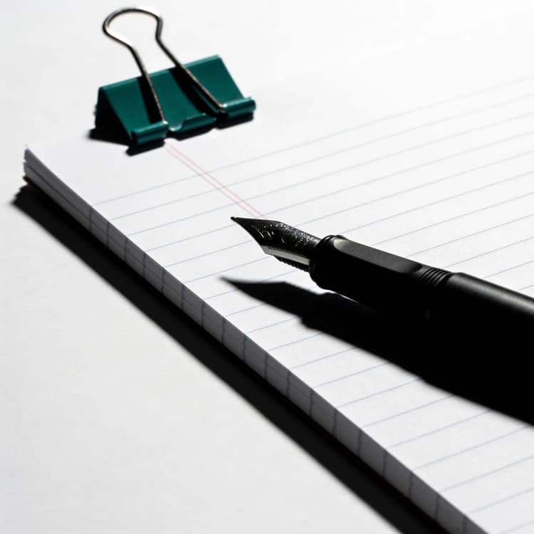 A fountain pen on a blank ledger pad held by a forest-green clip