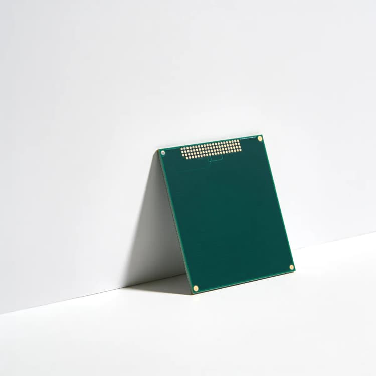 A bare forest-green prototype circuit board propped on white paper