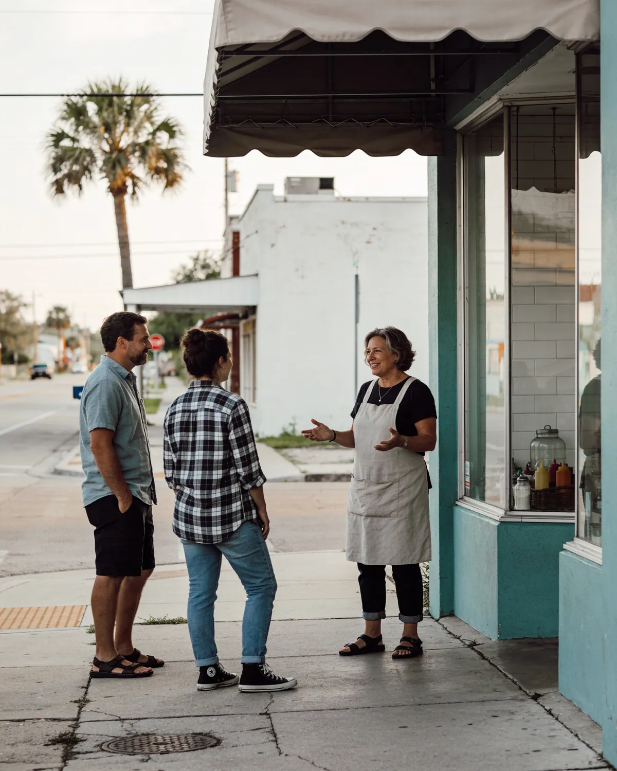 A shop owner in an apron chatting with two customers on the sidewalk outside her storefront on a quiet Florida main street