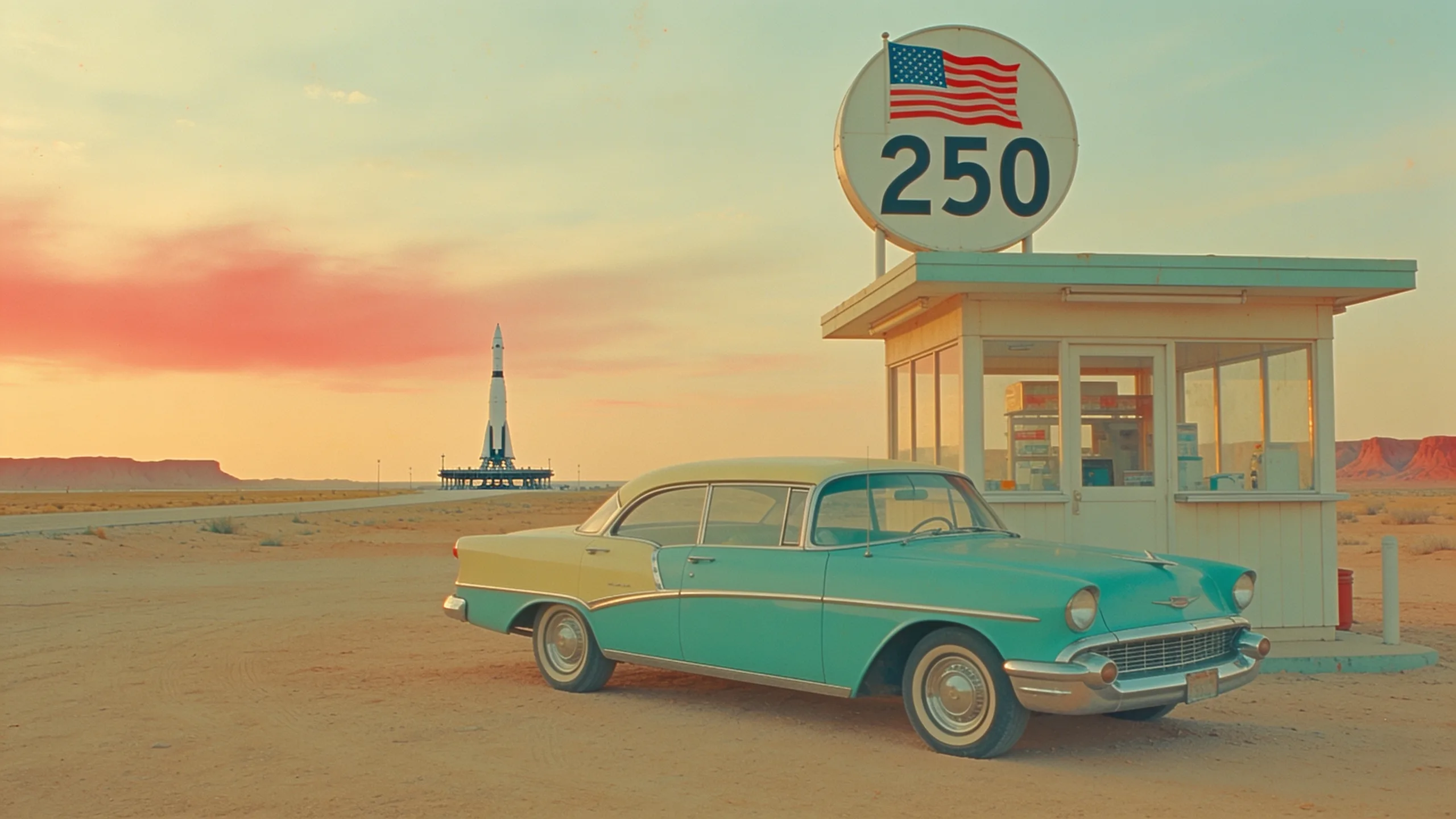 A faded vintage American desert roadside scene: a classic turquoise 1950s car by a small stand whose round sign shows the US flag and the number 250, with a distant rocket on its launch pad on the horizon, in a nostalgic mid-century print style